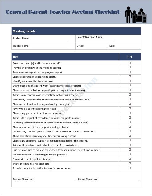 General Parent-Teacher Meeting Checklist Template - MS Word Format