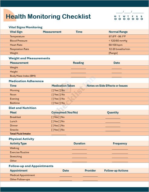 Health Monitoring Checklist Template