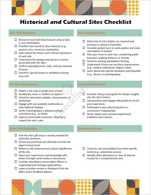 Historical and Cultural Sites Checklist Template