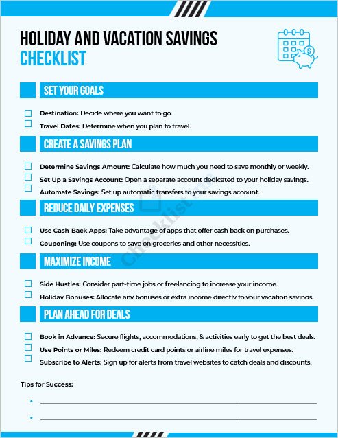 Holiday and Vacation Savings Checklist Template