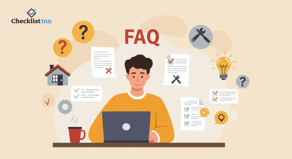 A homeowner browsing frequently asked questions about home maintenance checklists, with icons of tools, house, and checklist papers.
