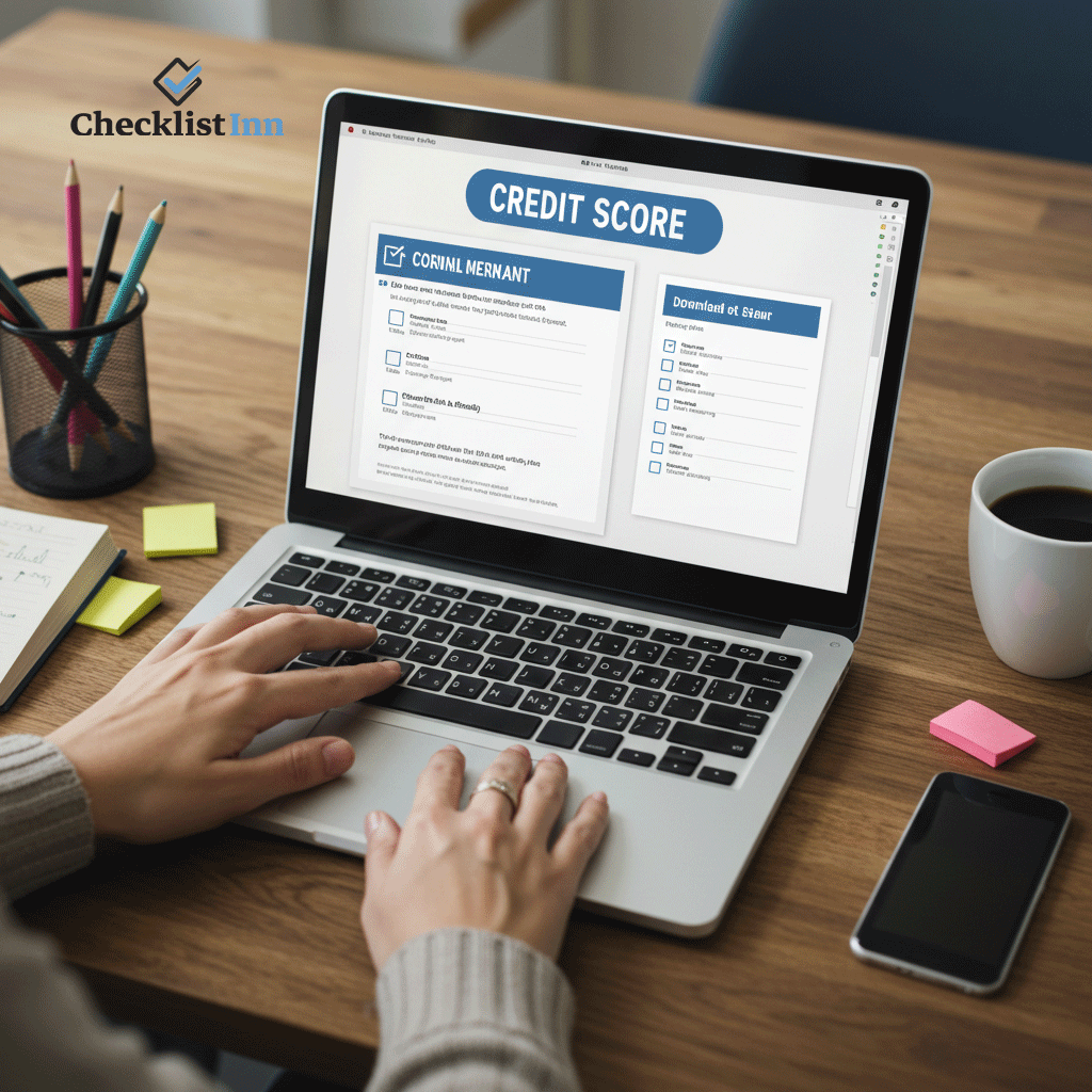 A person customizing a credit score checklist template on a laptop at a desk.