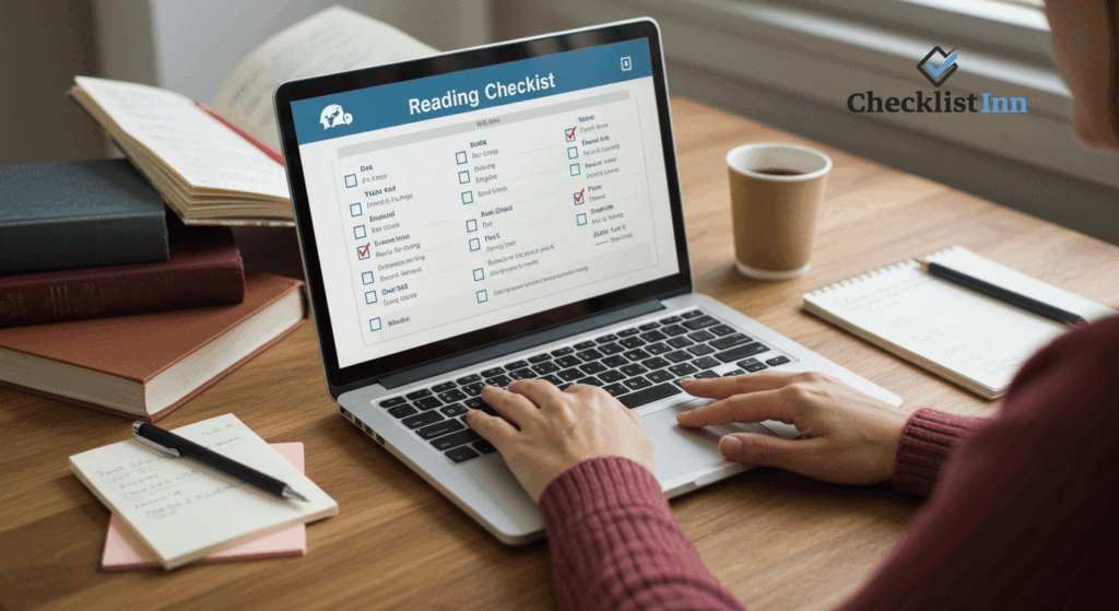 Person customizing a reading checklist template on a laptop with books and a notepad, showing how to use free reading checklist templates effectively.