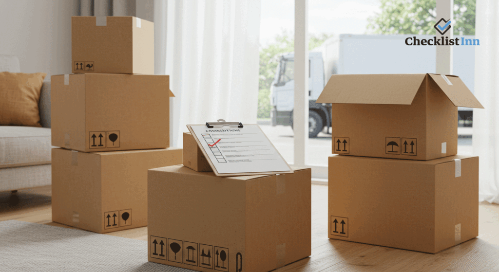 Family preparing for relocation with plain moving boxes, checklist, and moving truck, symbolizing the importance of being organized.