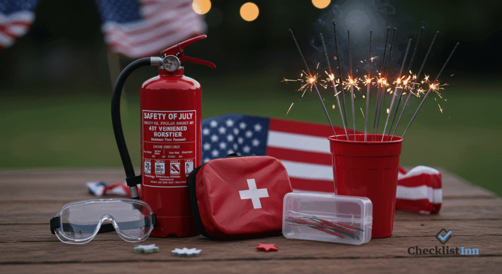 Fourth of July safety essentials including fire extinguisher, first-aid kit, and sparklers arranged on a picnic table with patriotic decorations.