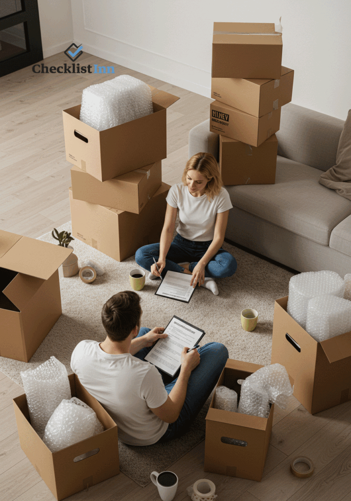 Couple sitting with plain moving boxes and a laptop displaying a checklist, symbolizing the key components of a relocation checklist.