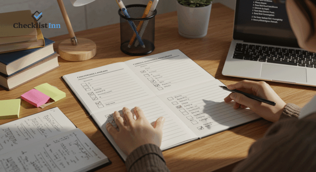 Person studying a language at a desk using a blank checklist notebook, surrounded by books and a laptop.