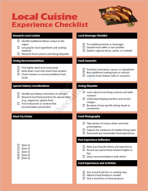 Local Cuisine Experience Checklist Template