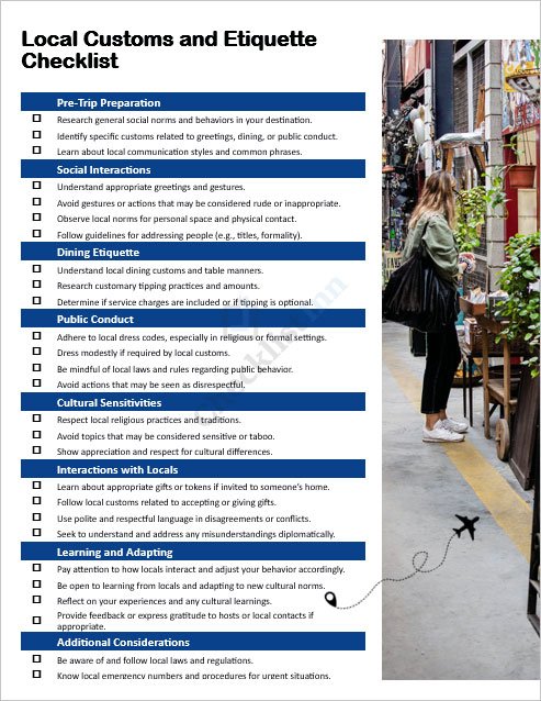 Local Customs and Etiquette Checklist Template