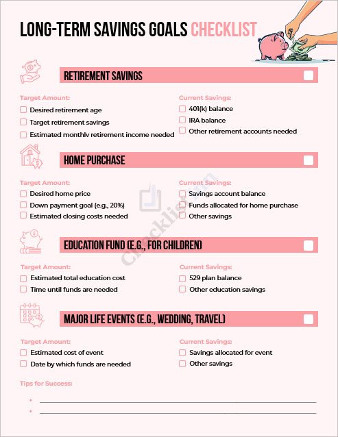 Long-Term Savings Goals Checklist Template