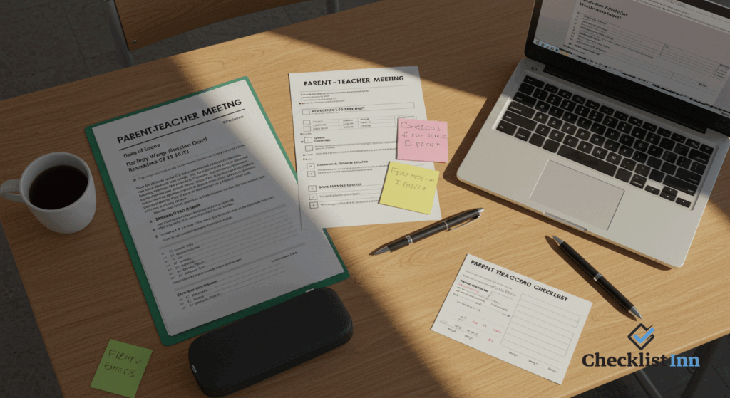 Top-down view of a table with a parent-teacher meeting checklist, report cards, notes, pen, and laptop, highlighting preparation and follow-up.