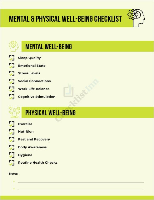 Mental and Physical Well-being Checklist Template