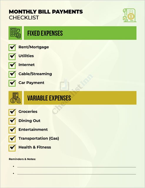 Monthly Bill Payments Checklist Template