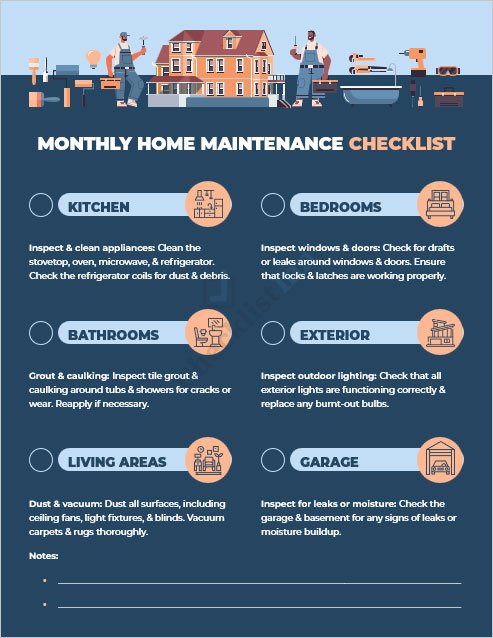 Monthly Home Maintenance Checklist Template