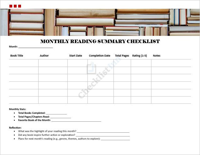 Monthly Reading Summary Checklist Template