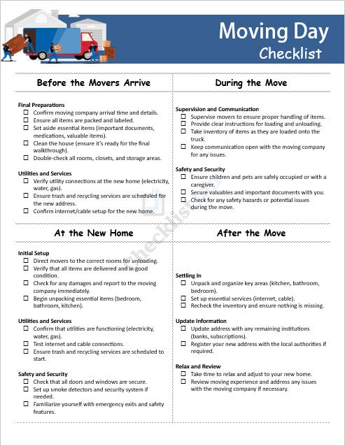 Moving Day Checklist Template in MS Word Format