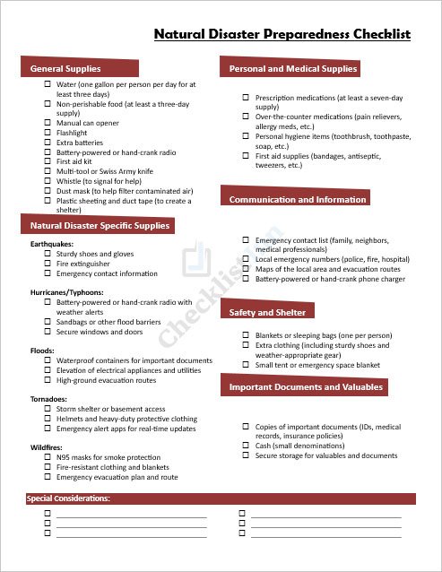 Natural Disaster Preparedness Checklist Template
