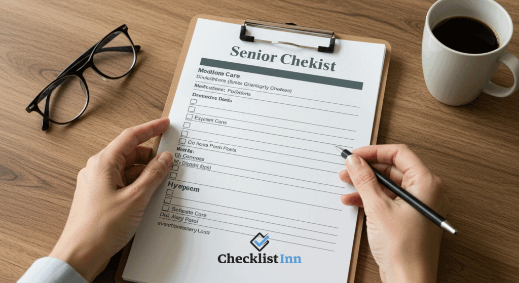 Caregiver organizing senior care tasks with a structured checklist on a clipboard, highlighting medication, hygiene, and safety routines