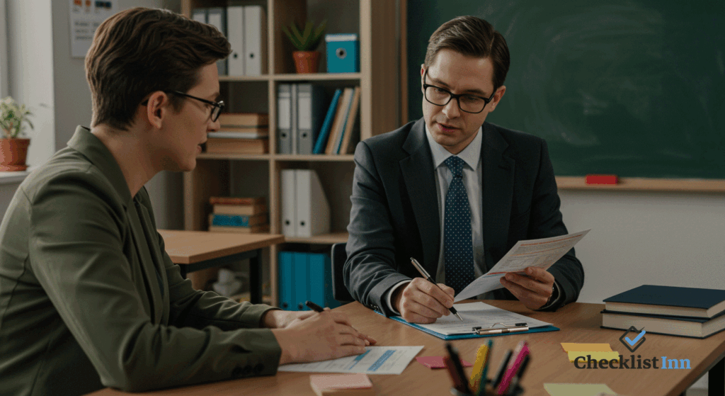 Teacher and parent discussing a student’s academic and behavioral goals in a classroom, highlighting collaboration and focused planning.