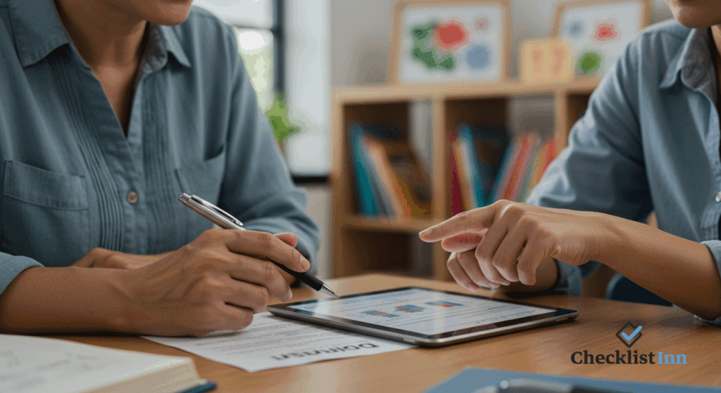 Parent and teacher engaged in reviewing a student checklist in a classroom, showing collaboration and discussion.