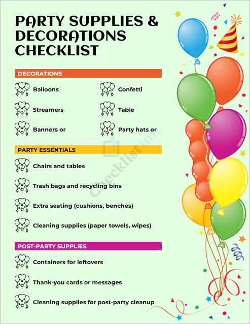 Party Supplies and Decorations Checklist Template