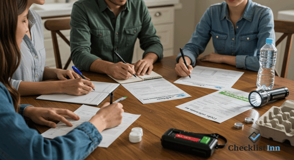 Family filling out an emergency preparedness checklist with first aid kit, water, and flashlight on the table in a realistic home setting.