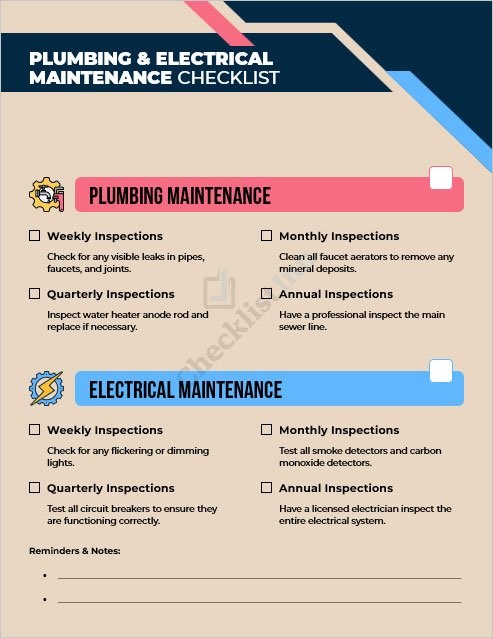 Plumbing and Electrical Maintenance Checklist Template