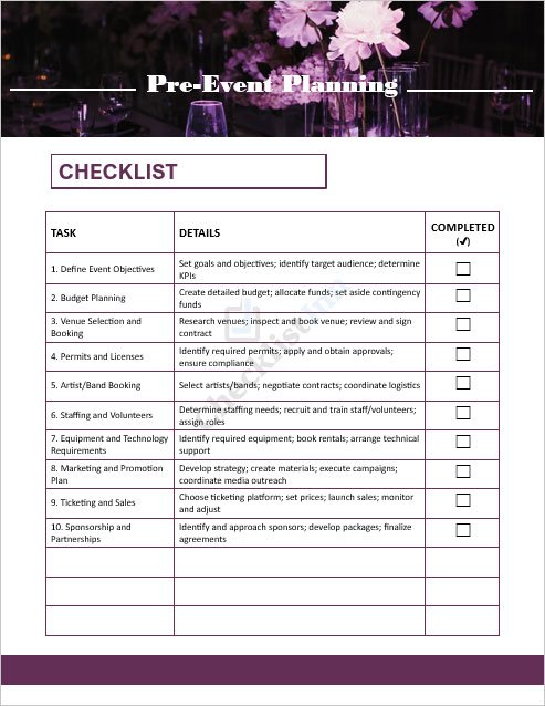 Pre-Event Planning Checklist Template in MS Word Format