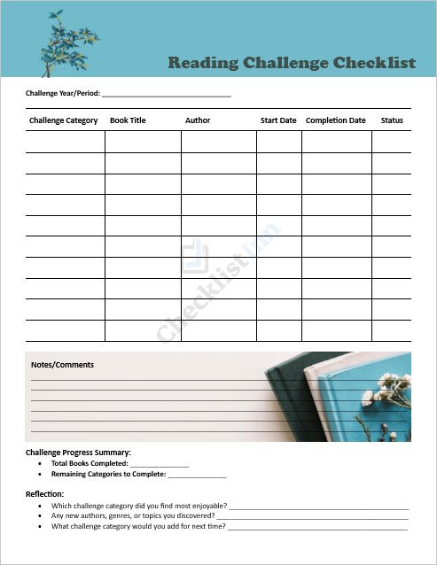 Reading Challenge Checklist Template