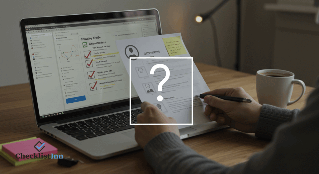 Person at a desk using a laptop with notes and a checklist, symbolizing answers to frequently asked relocation questions.