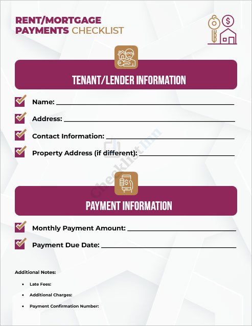 Rent Mortgage Payments Checklist Template