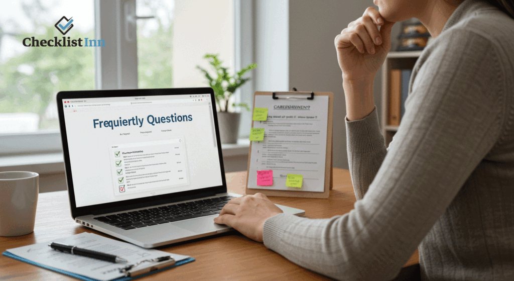 Caregiver reviewing senior care FAQs on a laptop with a printed checklist and notes on a desk