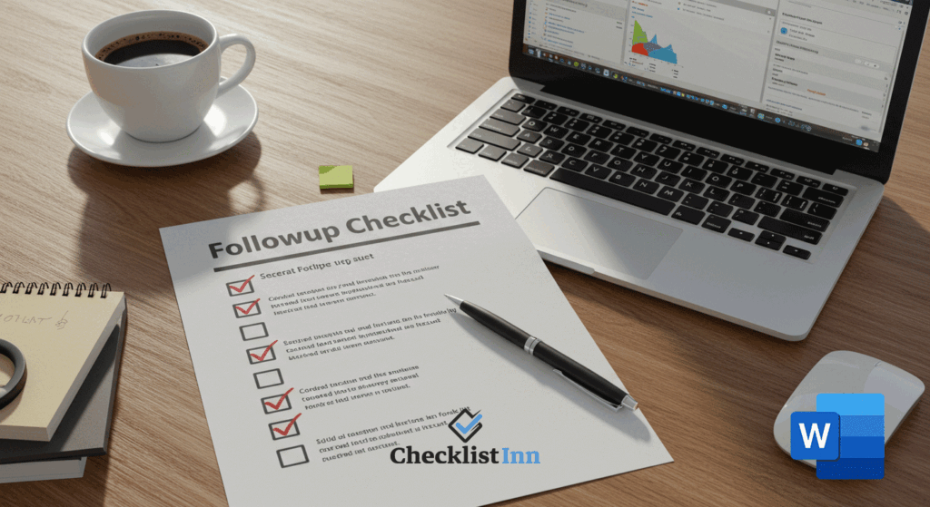 A business desk with a printed checklist, laptop, and coffee cup, representing organized customer follow-ups using free checklists.