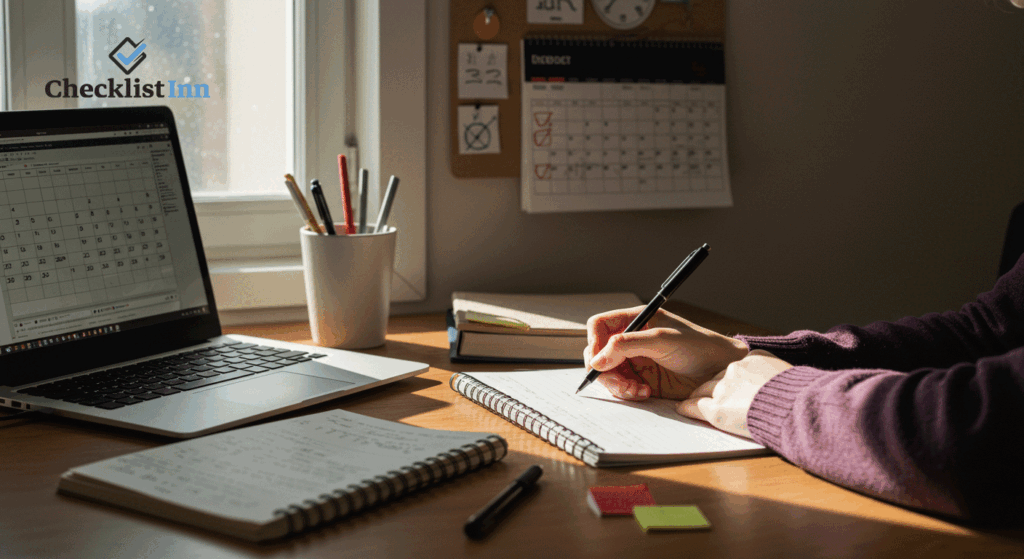 A student studying with a laptop, notebook, and planner, following a structured study plan.