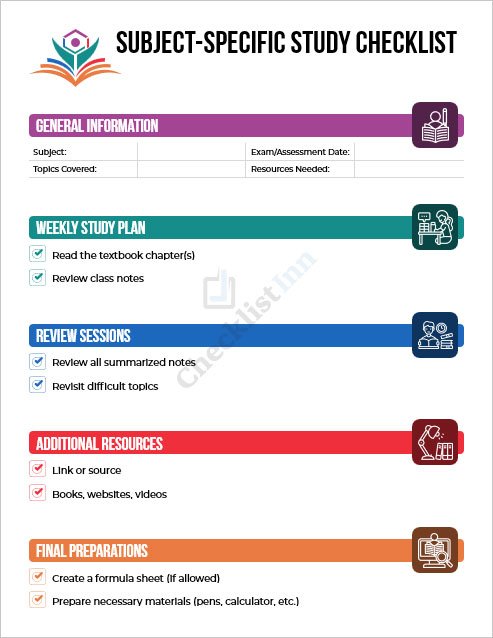 Subject-Specific Study Checklist Template