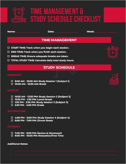 Time Management and Study Schedule Checklist Template