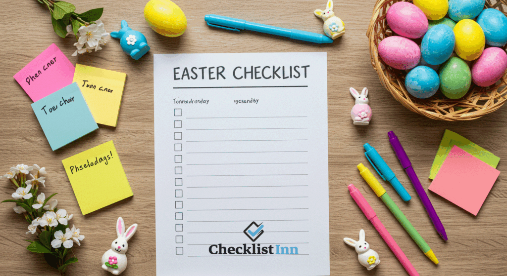 Easter checklist template with basket of eggs, notes, and festive decorations for organized holiday planning.