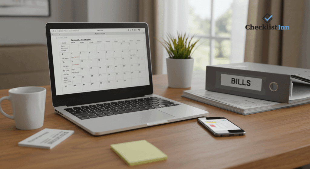 Organized desk setup with calendar reminders and bills folder representing tips for staying on top of monthly bill payments.