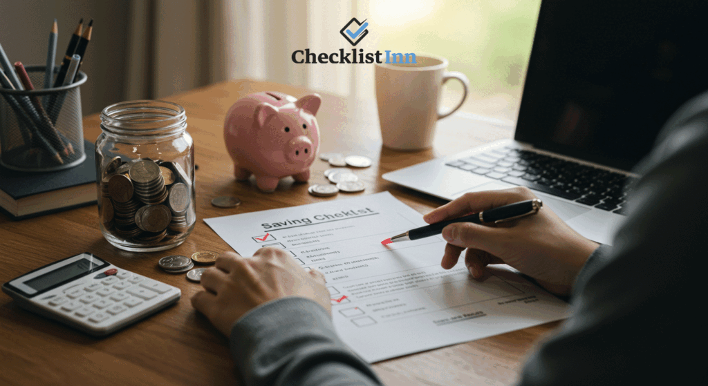 A person checking off a savings checklist with a calculator, laptop, and piggy bank on the desk, representing tips for sticking to a financial plan.