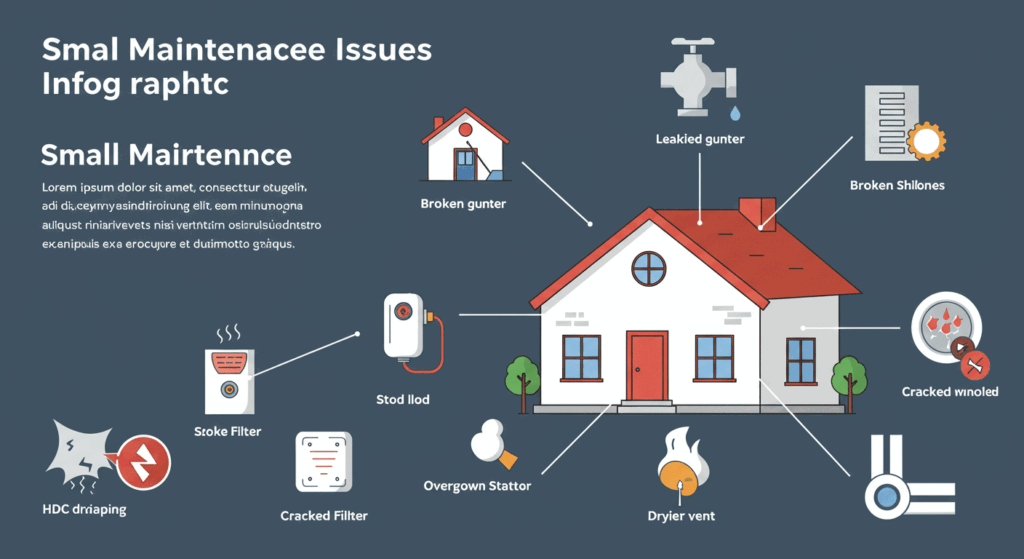 Infographic showing the top 10 common home maintenance mistakes such as leaks, clogged gutters, roof damage, poor HVAC care, and neglected safety checks.