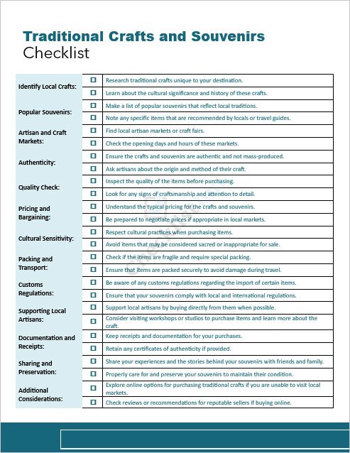 Traditional Crafts and Souvenirs Checklist Template