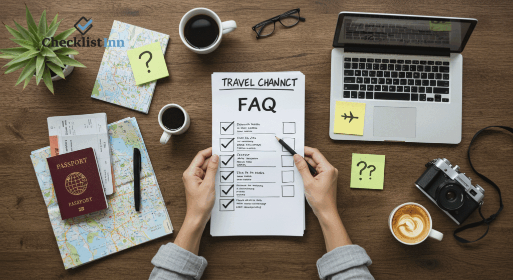 Traveler planning a trip with a laptop, checklist, and travel essentials on a desk, representing answers to common travel questions.