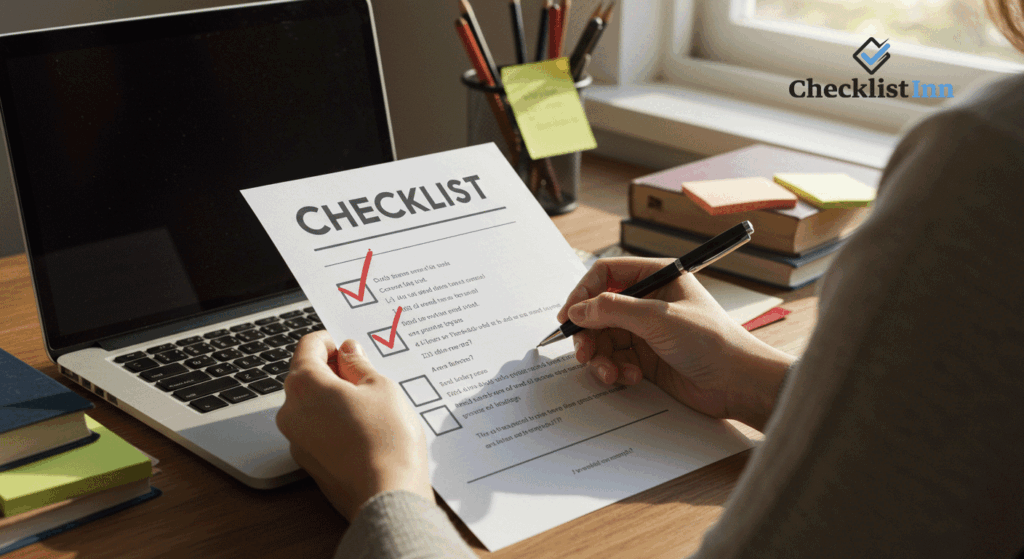 A student using a printed checklist at a desk with study materials, marking off tasks for effective exam preparation.