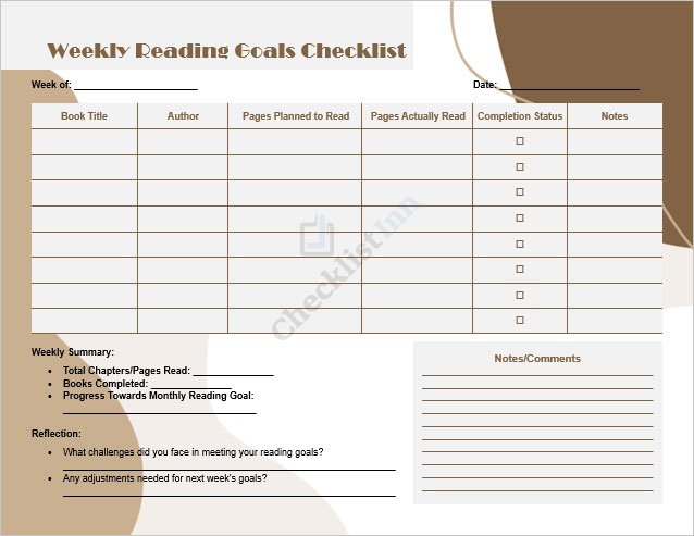 Weekly Reading Goals Checklist Template for MS Word