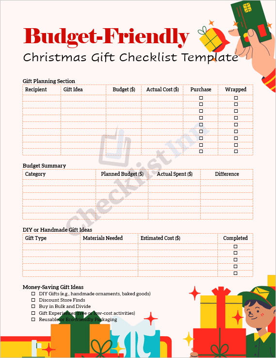 Cover page of the Budget-Friendly Christmas Gift Checklist Template showing festive minimalist design with Christmas elements and a budget-tracking theme.