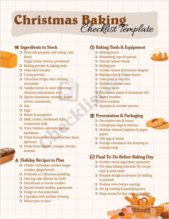 Festive cover design of the Christmas Baking Checklist Template featuring holiday baking ingredients and checklist layout.