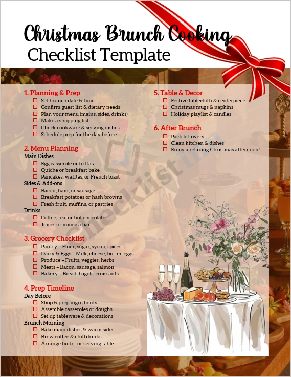 Christmas Brunch Cooking Checklist Template cover page featuring festive design and organized layout