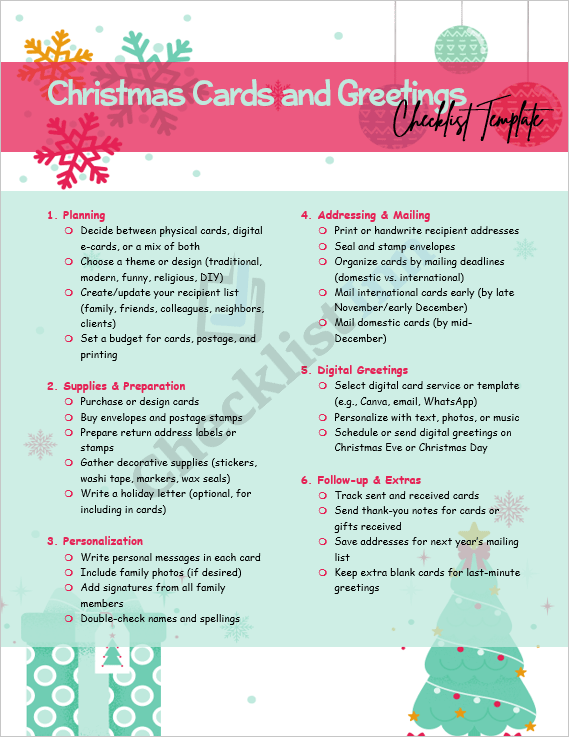 Inside preview of the Christmas Cards and Greetings Checklist Template with sections for planning, supplies, and mailing checklist
