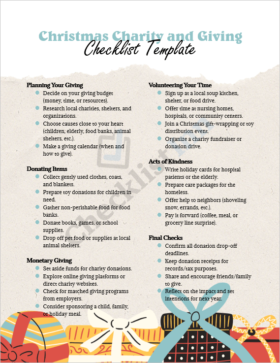 Cover page of the Christmas Charity and Giving Checklist Template featuring festive holiday design, charity icons, and gift-giving theme.