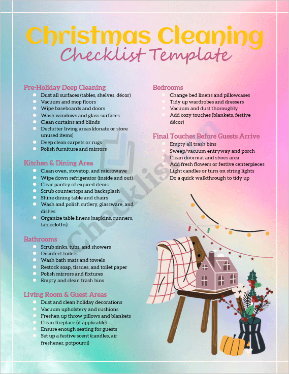 Cover page of the Christmas Cleaning Checklist Template featuring festive holiday design and cleaning task highlights.